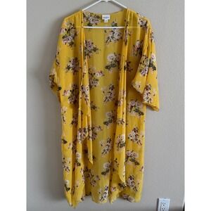LuLaRoe Shirley Kimono Wrap Mustard Yellow Floral Polka Dot Sheer Cardigan M